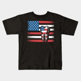 4th of July Dental Dentist Tooth Doctor Usa Flag Kids T-Shirt